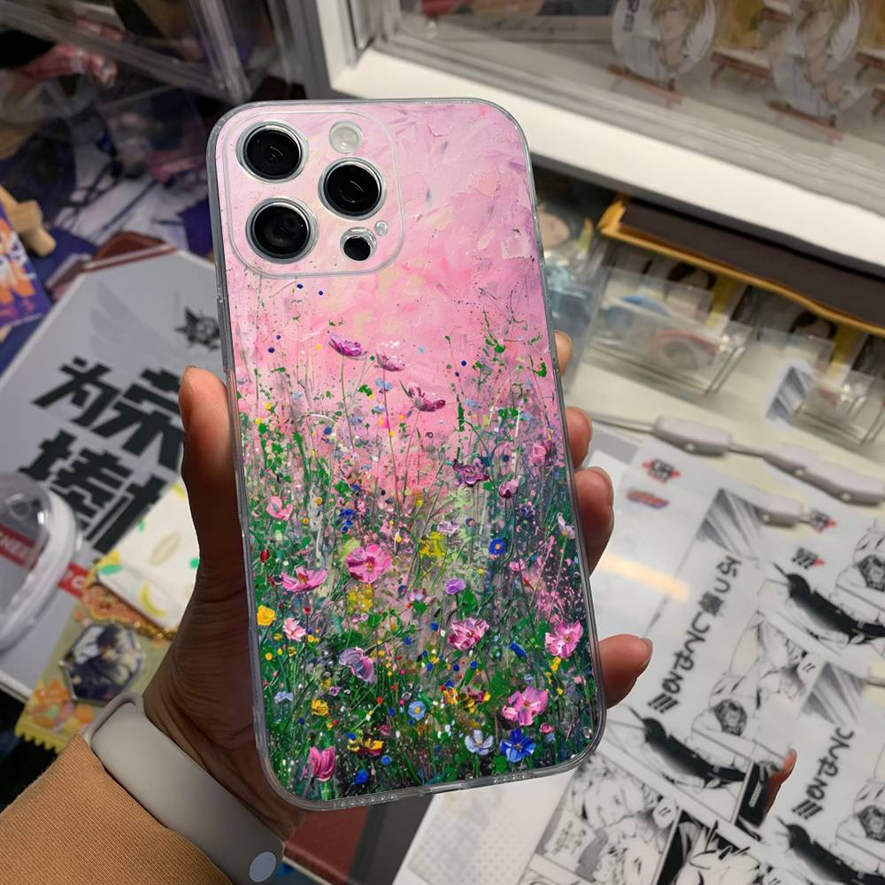 Цветочный узор Синее Цветочное Море Чехол для Телефона Для iPhone 17 16 15 14 13 12 11 Pro Max Plus Mini Прозрачный Мягкий Чехол Тонкий ТПУ