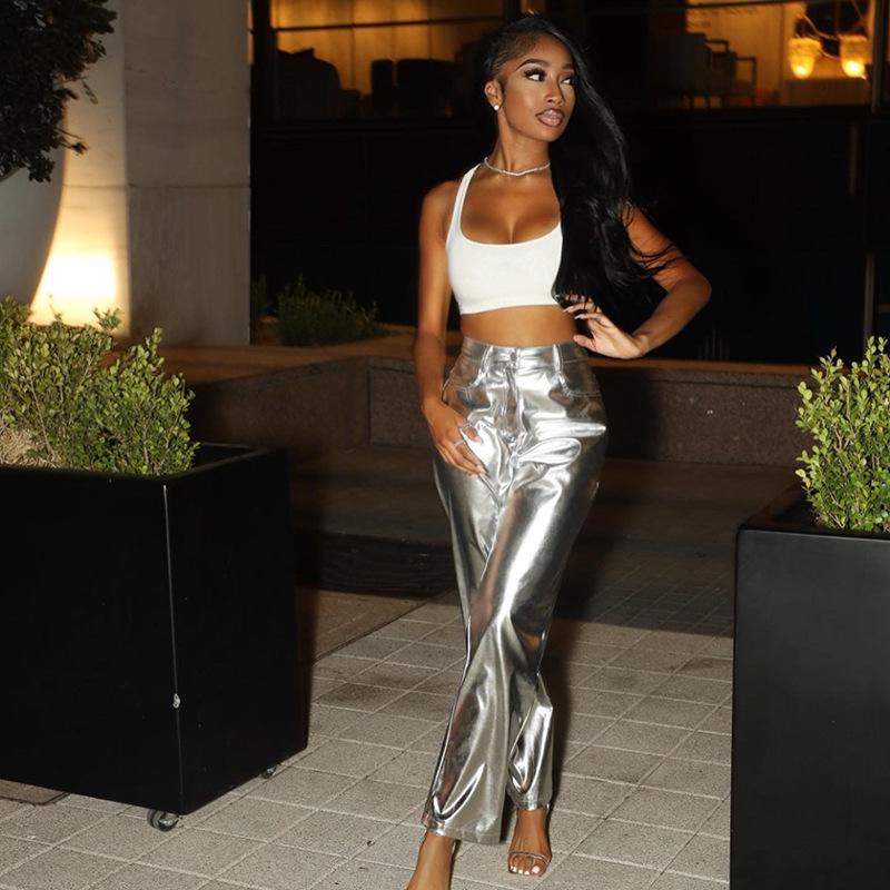 Женские брюки из искусственной кожи с высокой талией — мода осень/зима 2024 года, яркие цвета, повседневный стиль.