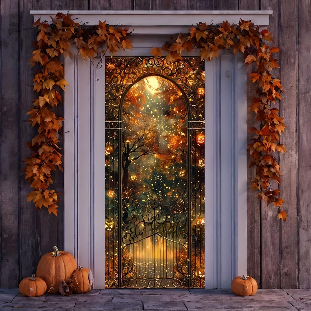 New Halloween door cover with cartoon pumpkin background cloth - high-end theme party decoration hanging cloth - custom order