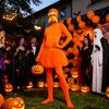 Комбинезоны для вечеринки на Хэллоуин, Оранжевый полный костюм Zentai, с юбкой из тюля, накладным животом, желтыми усами и бровями, Костюм для косплея, Открытое лицо,
