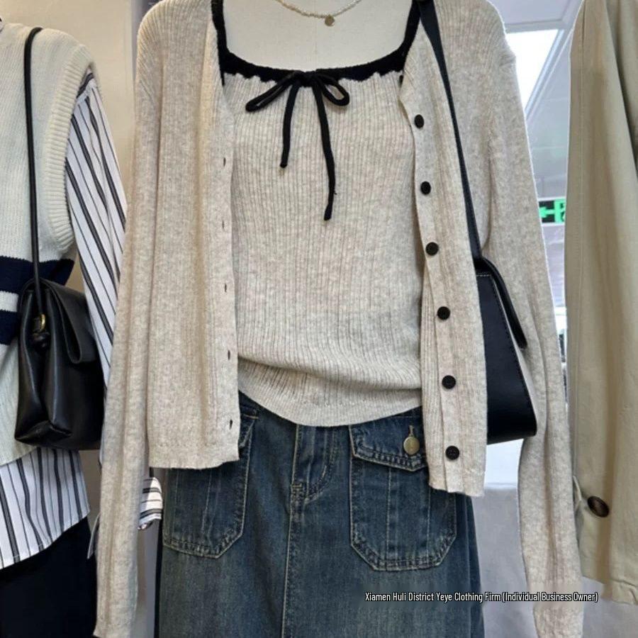 Retro Gray Knitted Cardigan Set - 2025 Autumn Women's Collection