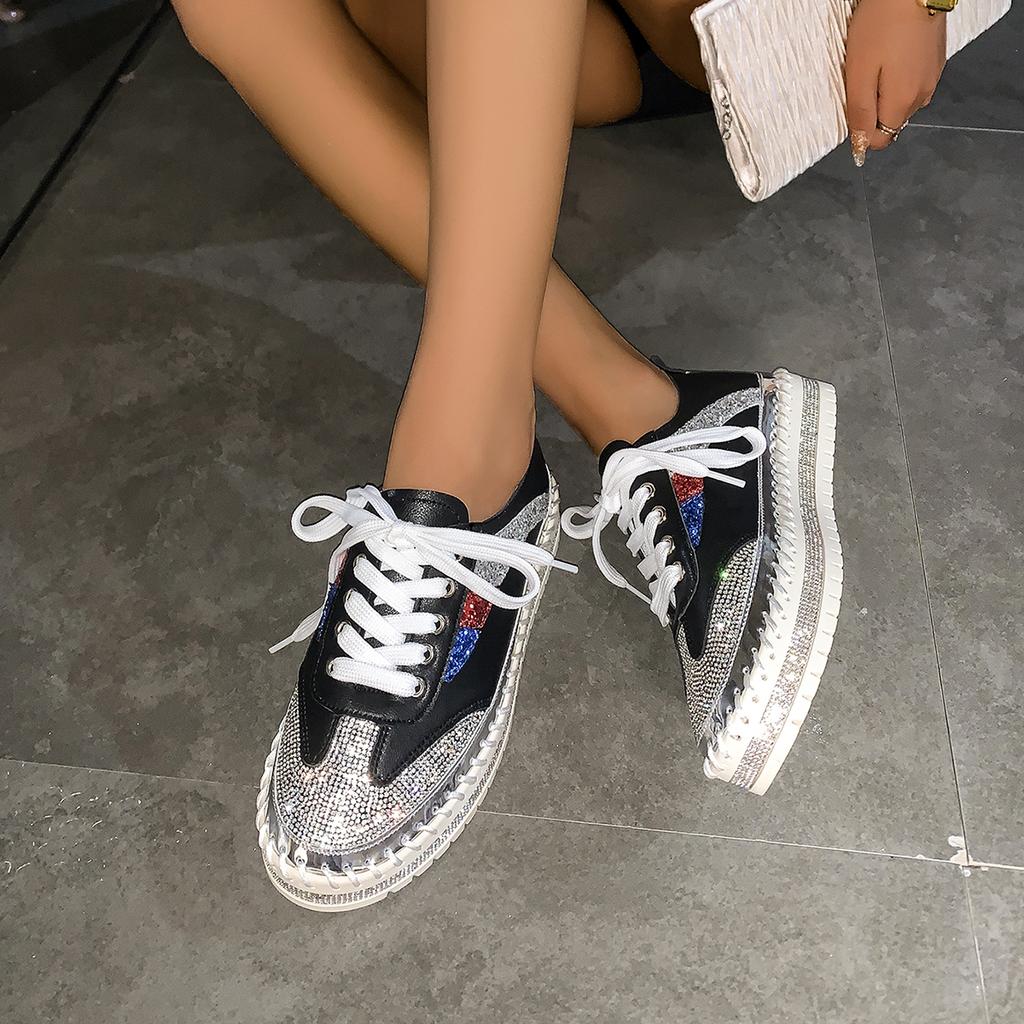 Женские кроссовки больших размеров с толстыми подошвами и кристаллами, повседневная дизайнерская обувь, женские кроссовки со стразами на плоской толстой подошве и шнуровкой для женщин