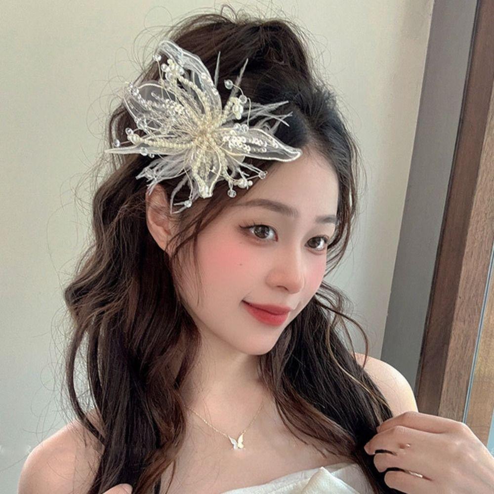 Mesh Lace Feather Hair Clip Floral Bridal Wedding Headwear Sweet Flower Hairpin Girl/Women