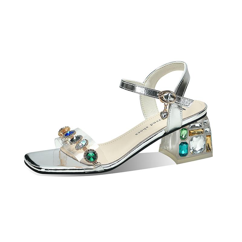 Модные туфли со стразами и квадратным носком на щиколотке, высокие каблуки 2024 года, босоножки с открытой пяткой, женская обувь для вечеринок, летняя сексуальная женская обувь