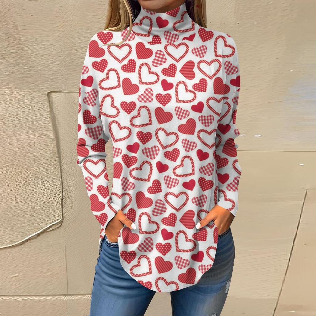Футболки для женщин, осенние повседневные рубашки с длинным рукавом, толстовка с принтом, топ с высоким воротом, пуловер