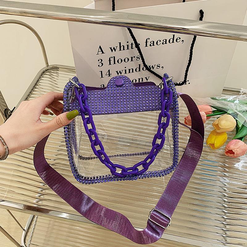 PVC Transparent Shoulder Crossbody Bag Rhinestone Thick Chain Ladies Small Purse and Handbags Fashion Jelly Summer Beach Totes CLE