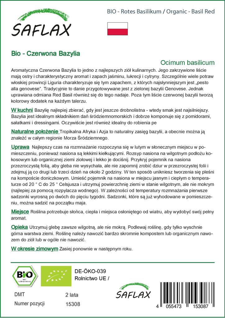 SAFLAX Garden in the Bag - Органический - Базилик красный - 400 семян - С субстратом в подходящем пакете - Ocimum basilicum
