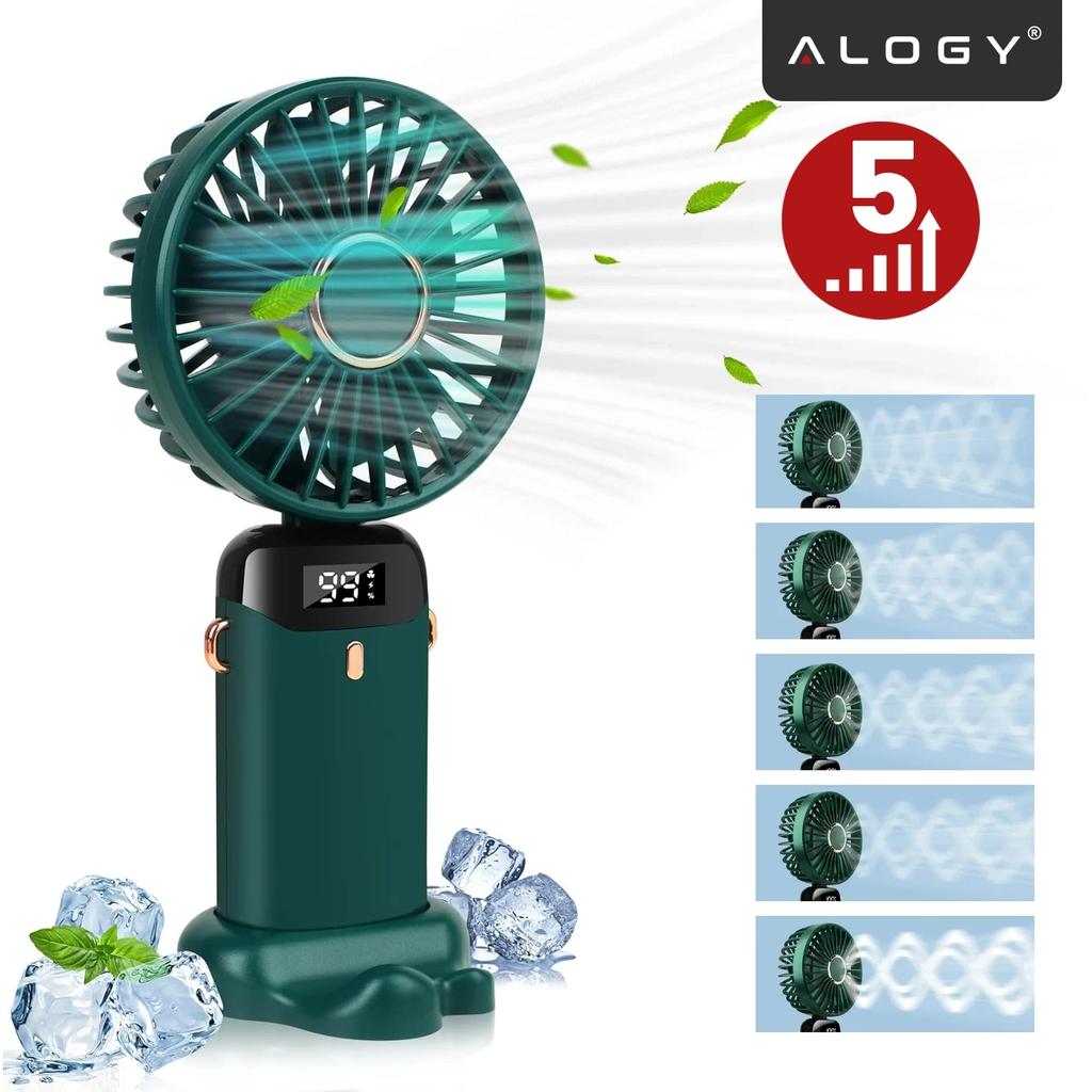 Wentylator Wiatrak Ręczny Bezprzewodowy, Przenośny I Biurkowy, Z Uchwytem Na Telefon, Ładowanie Usb-C, Bateria 18650, Alogy Coolbreeze™ - Zielony