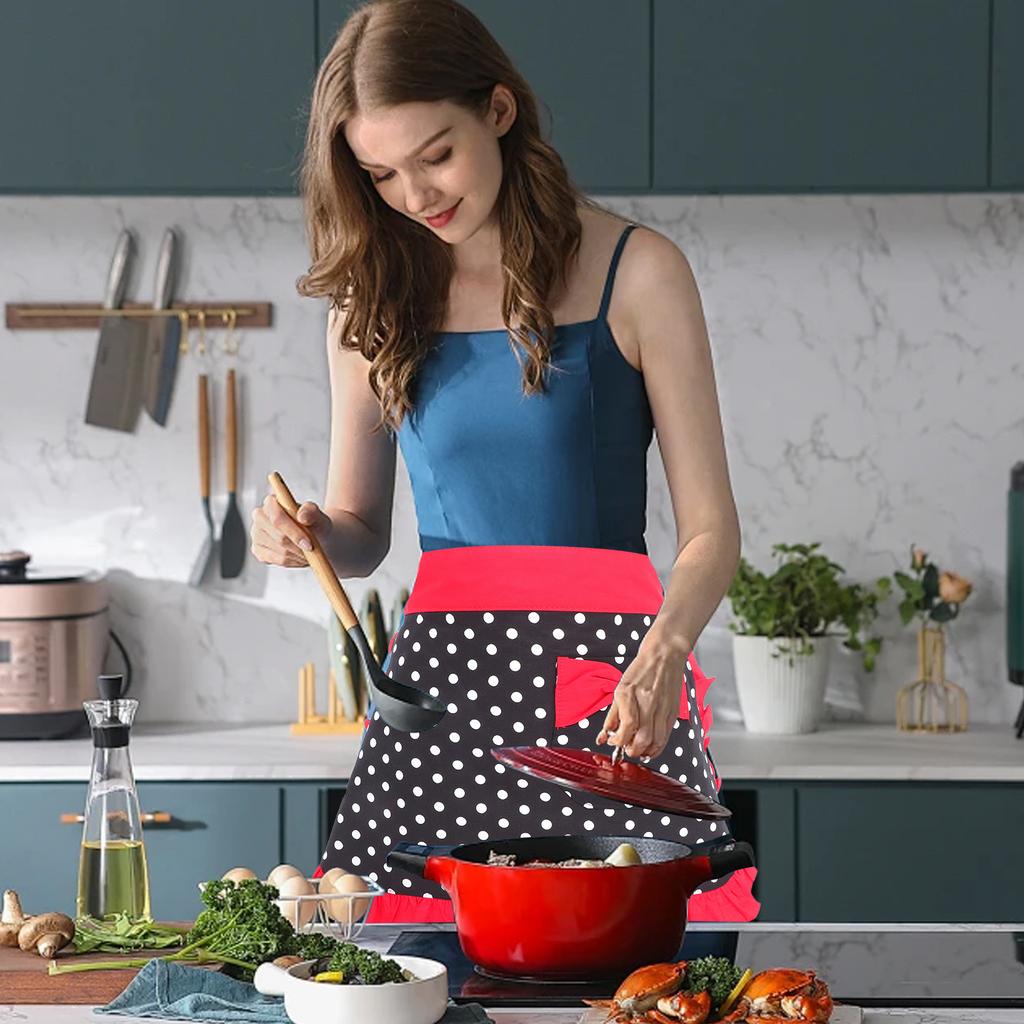 Маленький горошек Для женщин Хлопковый полуфартук Регулируемая завязка на талии Машинная стирка Кухонный фартук Для кафе Пекарни Ресторана