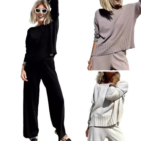2 шт./комплект женский топ брюки костюм круглый вырез длинный рукав трикотажные сплошной