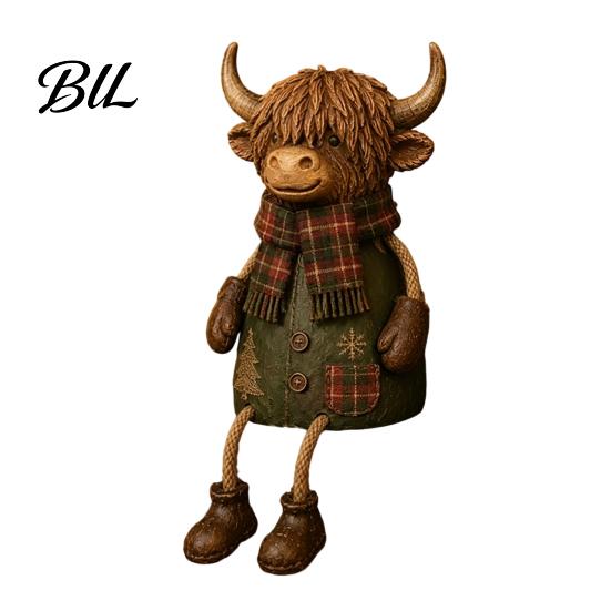 Christmas Holiday Decoration Highland Cow Figurine, Cute Ornament with Retro Plaid Clothing for Farmhouse Warm Festive Room Accents Tabletop Shelf And
