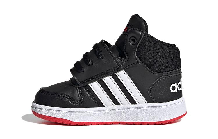 adidas Neo Hoops 2.0 Mid Кожаные Дышащие Средние Винтажные Баскетбольные Кроссовки Черно-Бело-Красные Для Малышей и Малышей FY9291