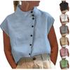 Women's Casual Solid Color Cotton Linen Standing Collar Button Short Sleeved Shirt