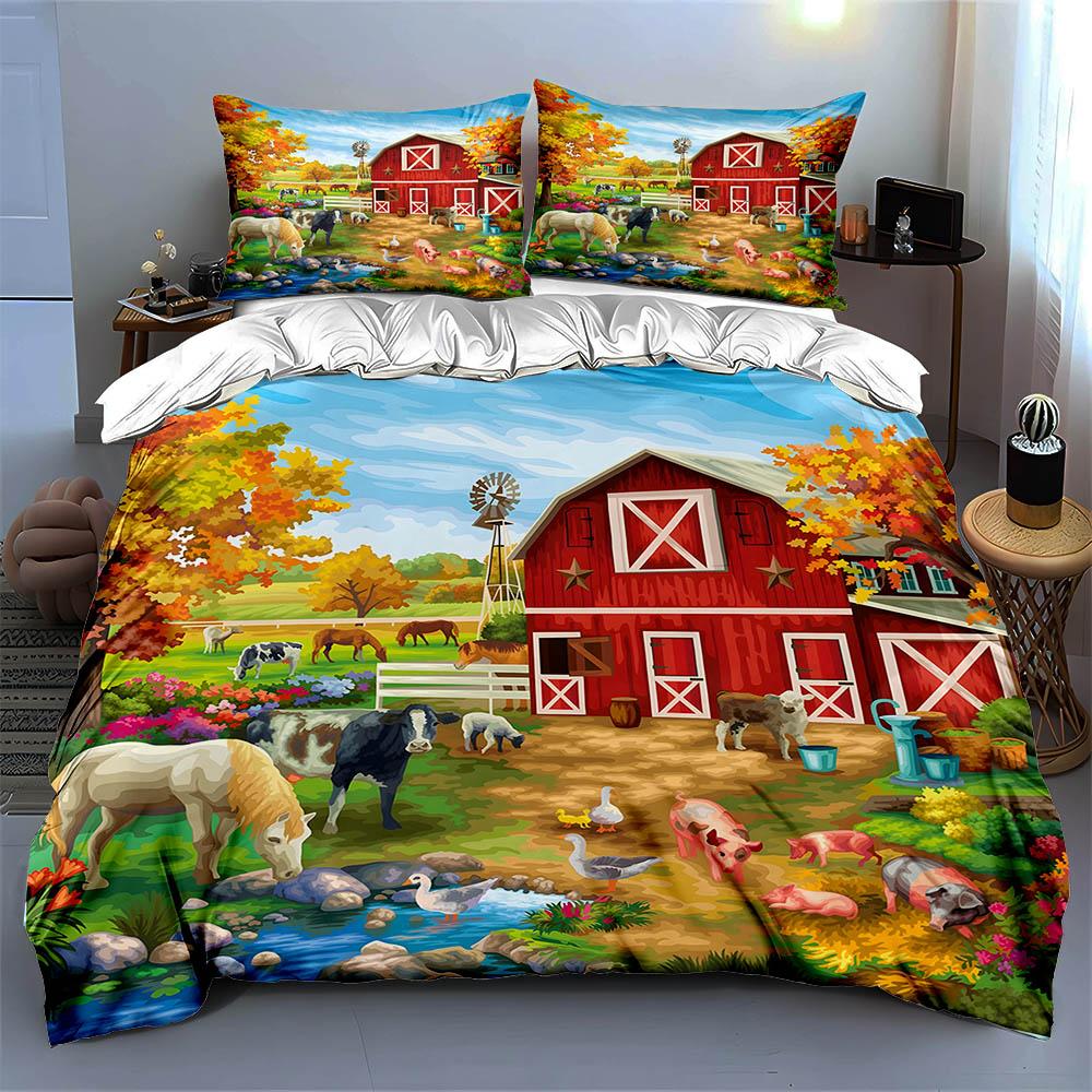 Farmyard scene illustration. Bedding Duvet cover sets Duvet covers Pillowcases gifts (1 * Duvet Cover 2 * Pillowcases, without duvet insert)