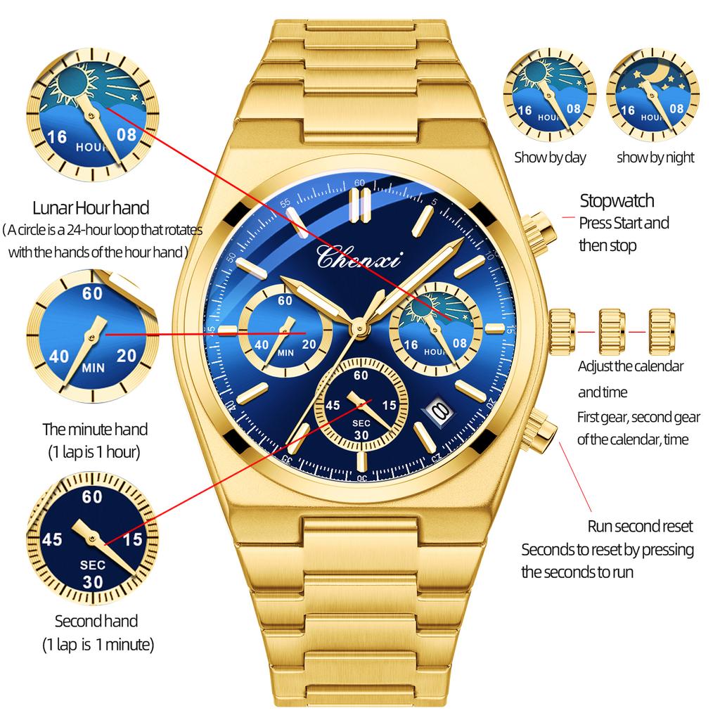 Модные часы-хронограф для мужчин, роскошные водонепроницаемые светящиеся часы с датой, золотые кварцевые мужские наручные часы Reloj Hombre
