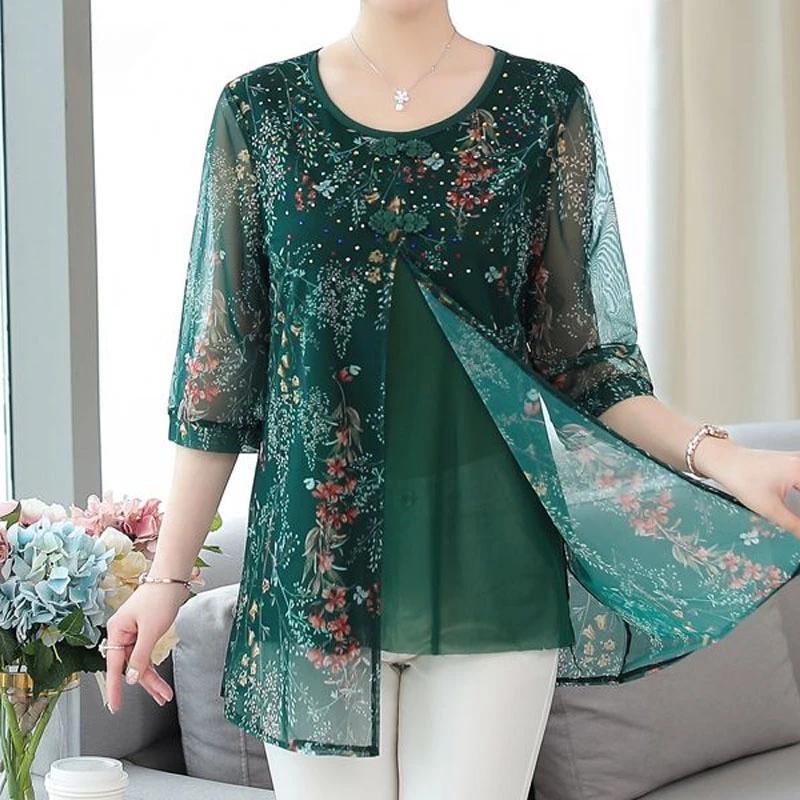 Женская одежда, летняя футболка из шифона с винтажным цветочным принтом и коротким рукавом, летняя повседневная мода, сшитая из двух частей, топы с круглым вырезом