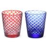 Nostalgia Kiriko Pair of Glass Diamond Red Current Model J-kitchens Cups, 79xH90mm, 220cc, Pattern, & Blue, Bisho,