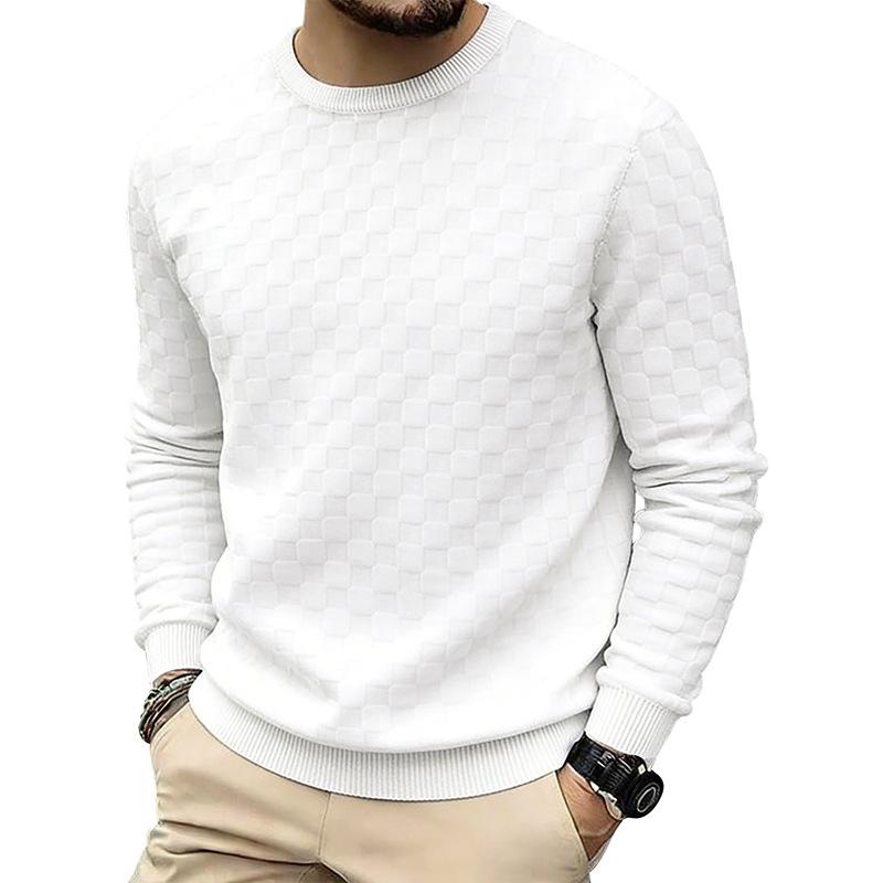 Mens American Heavyweight Loose Casual Checkerboard Jacquard Crew Neck Long Sleeve Sweatshirt