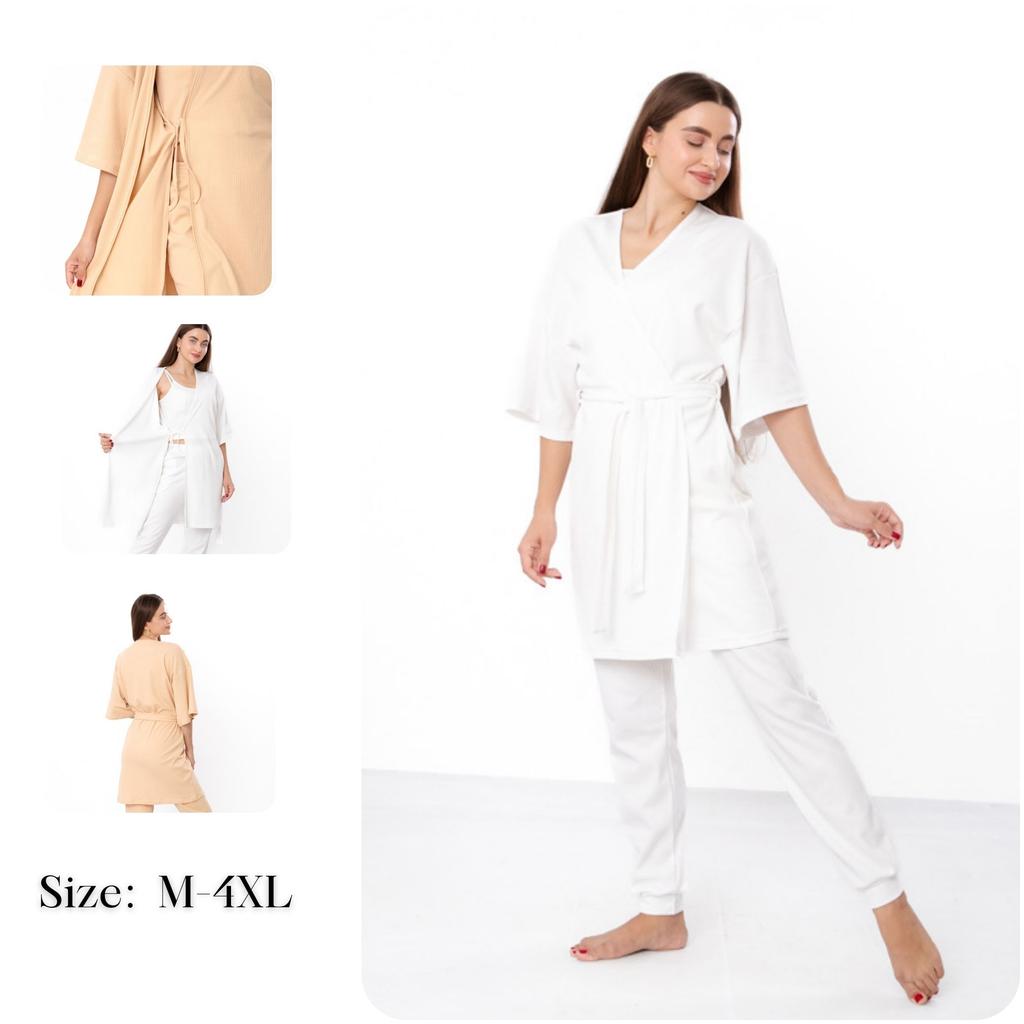 Комплект – Женский халат для дома свободного кроя + Топ + Брюки, Практичный дизайн, На любой сезон, 8449-050 HC