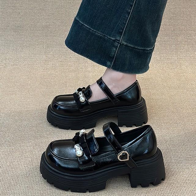 Туфли Мэри Джейн с бантом в британском стиле, жемчужные, женские, осенняя мода, ретро, платформа, увеличение высоты, толстый каблук, высокий каблук, одинарные туфли, тренд