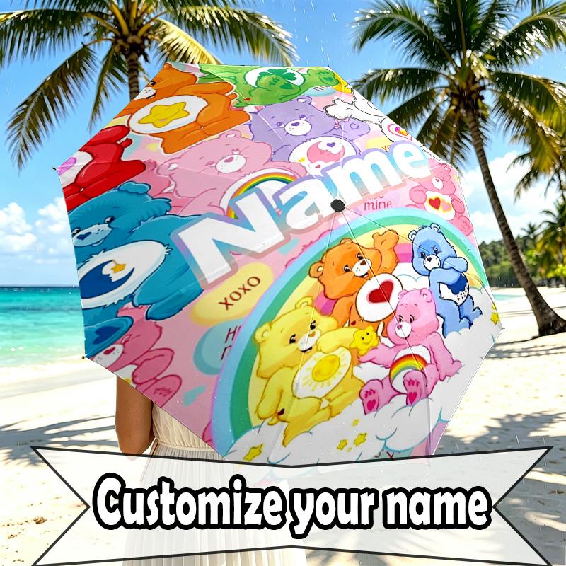 Custom Name Personalized Care Bears Print Umbrella, Auto Open Close, 8‑Rib Sturdy Frame, Commute Camping Hiking Use, Birthday Gift