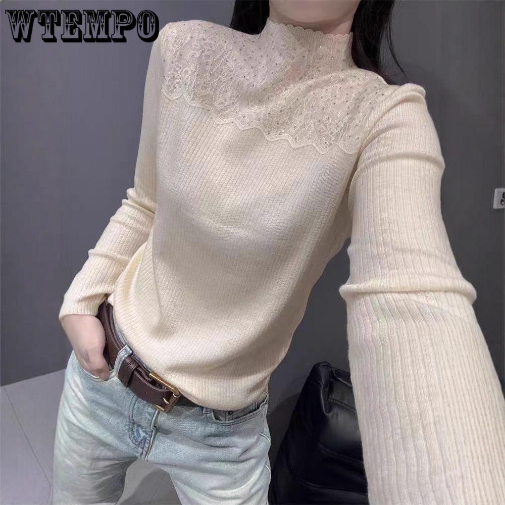 Half Turtleneck Lace Knitted Sweater for Women Slim Sweater and Sexy Pullover for Spring Autumn and Winter