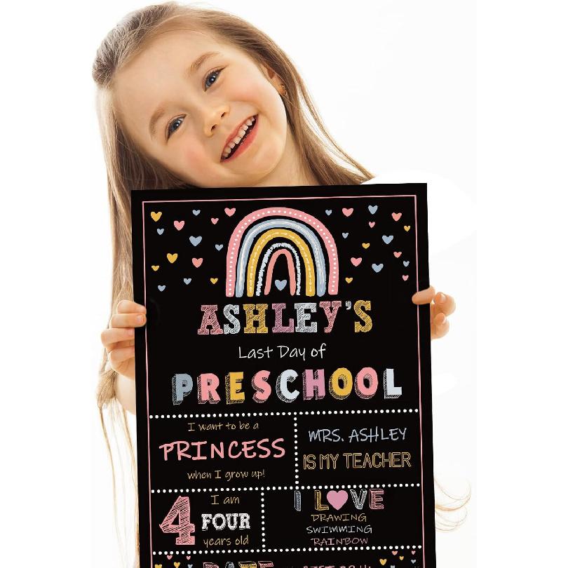 Whaline First and Last Day of School Chalkboard Double-Sided Boho Rainbow Back to School Board Sign Reble Erasable Cute Rainbow Photo Prop for