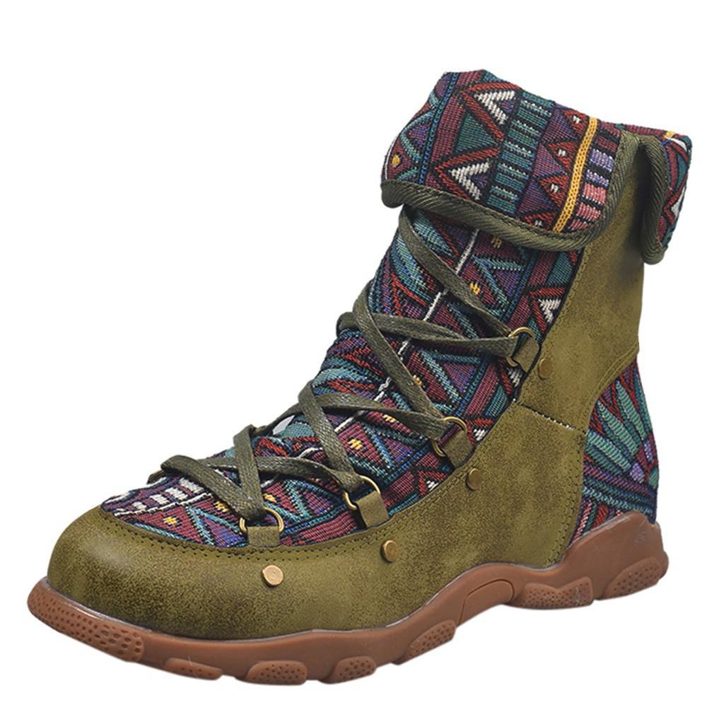 Retro Style Women Embroidery Flat Zipper Keep Warm Short Boot Round Toe Shoes