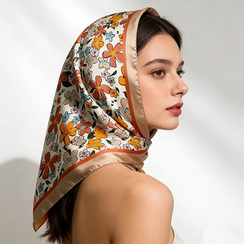 Silky Square Scarf Floral Print Headscarf Neck Scarf Bandana For Women Fashion Travel Daily Use