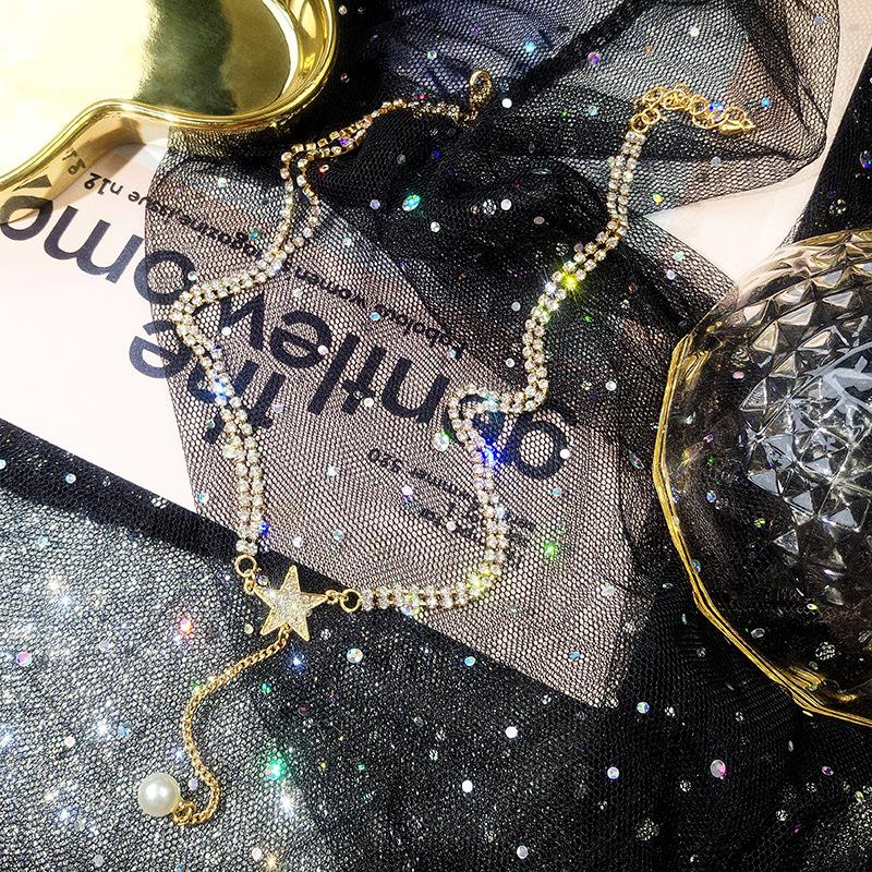 Full Diamond Star Diamond Chain Pentagram Pearl Pendant Collarbone Chain Choker Neck Strap Y-Shaped Fringed Necklace Female