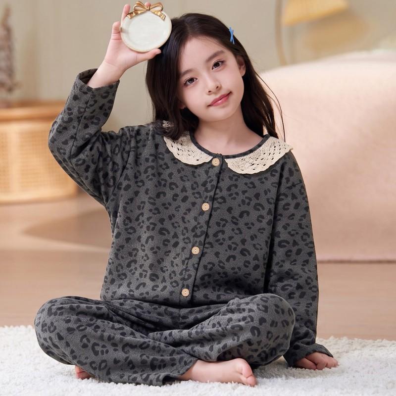 Girls Winter Pajama Set Long Sleeve Cartoon Print Soft Warm Fleece Sleepwear Kids 8 Years Home Wear