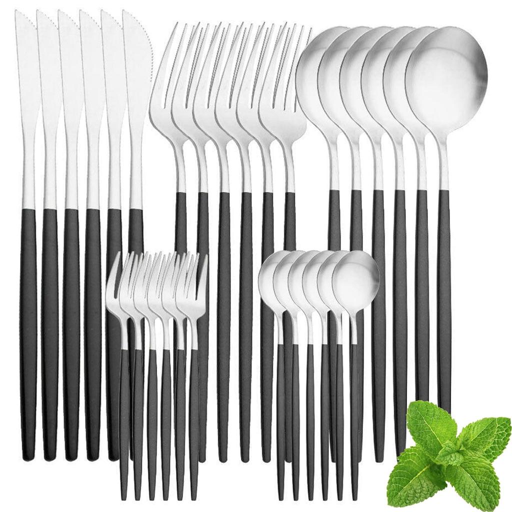 MGOXO Cutlery Set Scandinavian Style 30 Pieces Spoon Fork Set Dinnerware Set Knife Gold Plate Set Franc Franc Stainless Steel Spoon Fork Lunch Box