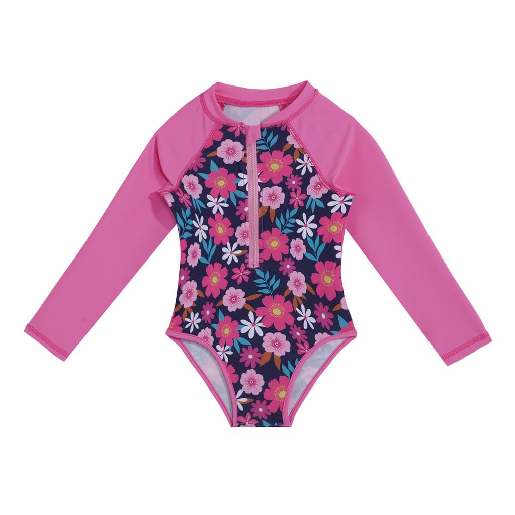 Детский купальник для девочек, купальный костюм на молнии с длинными рукавами и принтом пальм, купальный костюм, боди, пляжная одежда