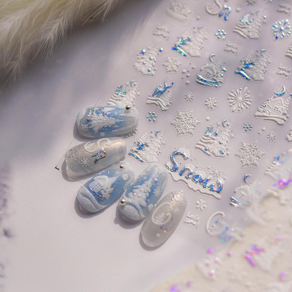 Детские японские наклейки для ногтей с горячим тиснением Tomoni - Снежная ночь в сосновом лесу.