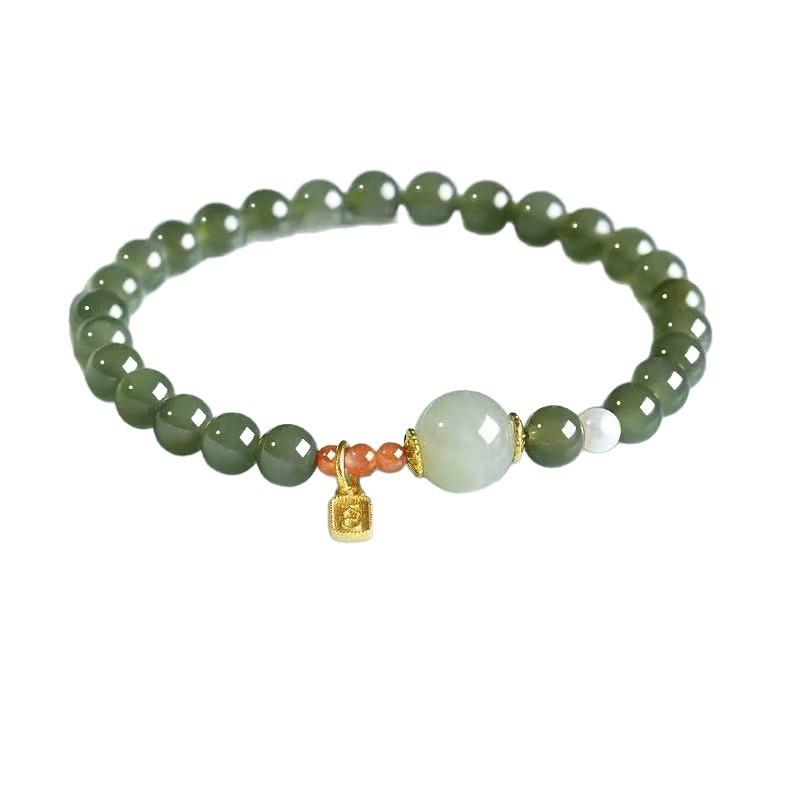 Natural Hetian Jade Bracelet for Women, Chinese Style National Style Southern Red Agate Bracelet, High-Quality Green Jade, Gift for Girlfriend