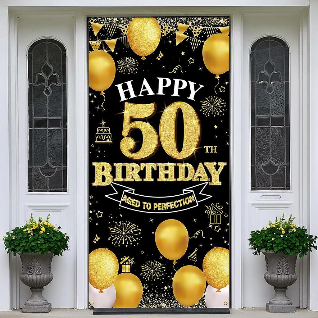 Happy 50th Birthday Decorations for Men & Women, Black Gold 50 Birthday Banner Backdrop, 50 Years Old Party Decor, Fabric Door Decor Yard Sign Photo