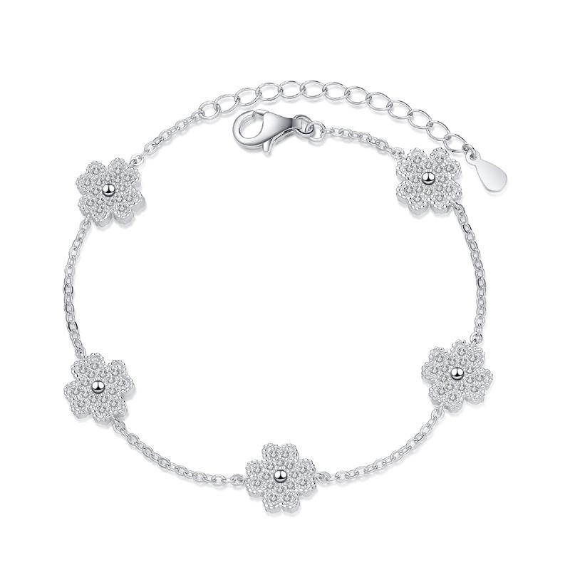 Sterling Silver Women's Light Luxury and Versatile Chain Five-leaf Clover Micro-paved Moissanite Bracelet