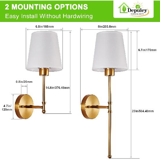Depuley Battery Operated Wall Sconce: Set of 2 Wireless Wall Lights with 10000mAh Dimmable Bulbs and Remote for Bedroom - Rechargeable 15 Colors Gold