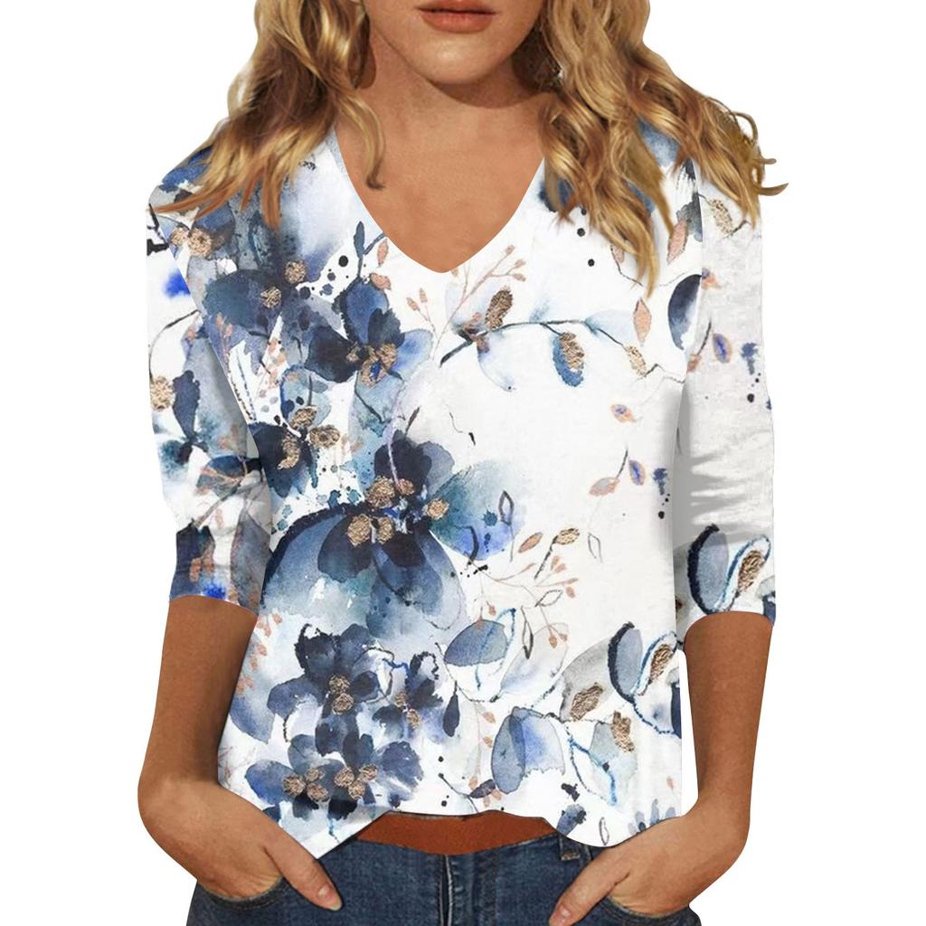 Women’s Fashion Everyday Everything Casual V-neck Seven-point Sleeve Printed T-shirt Top Tops for Women Womens Tops and Blouses