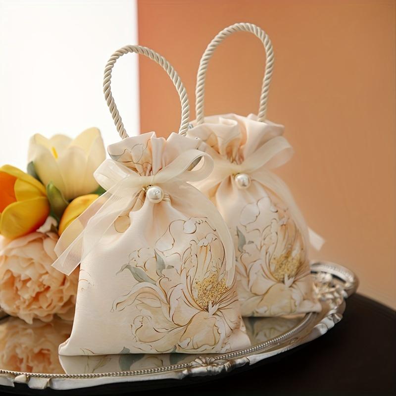 10Pcs Wedding Candy Bags, High-End Wedding Candy Boxes, Portable Candy Bags, Light Luxury Floral Fabric Bags With Pearls And Ribbons