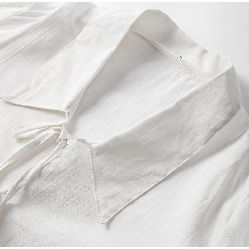 Solid Linen Lace Up Bow Shirts Women Turn-down Collar Lantern Sleeve Blouse Ruffles Summer