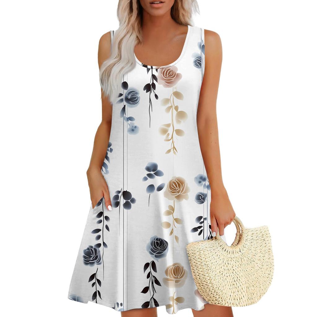 Women's Summer Casual U-neck Floral Print Dress Sleeveless Dress With Pockets