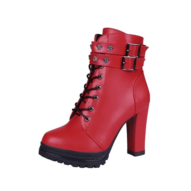 Женские осенние ботильоны Сексуальные офисные туфли на высоком каблуке Ботинки на платформе Круглый носок Кожаные ботильоны Черные туфли-лодочки Женская праздничная обувь Новинка 2024