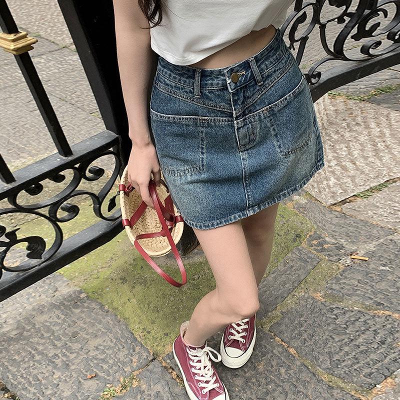 Классическая универсальная молодежная короткая юбка в стиле ретро с разрезными карманами, повседневная юбка с высокой талией, А-силуэт, супер женская летняя модная джинсовая короткая юбка