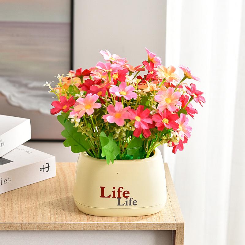 Living Room Decor: Artificial Sunflower and Green Plant Arrangements, Small Potted Plants, and Plastic Bouquets