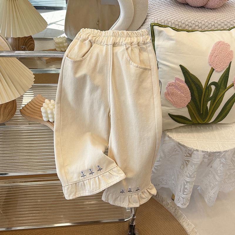 Spring Summer Girls Kids Embroidered Flower Jeans Fashion Fresh Children Pants Korean Breathable Soft Baby Toddler Trousers