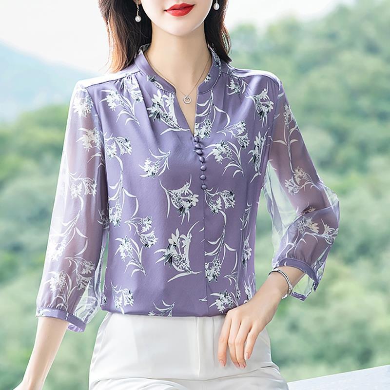 Милая шифоновая блузка для женщин, корейские женские топы и блузки с пышными рукавами, кардиган, рубашки с цветочным принтом, весна-лето