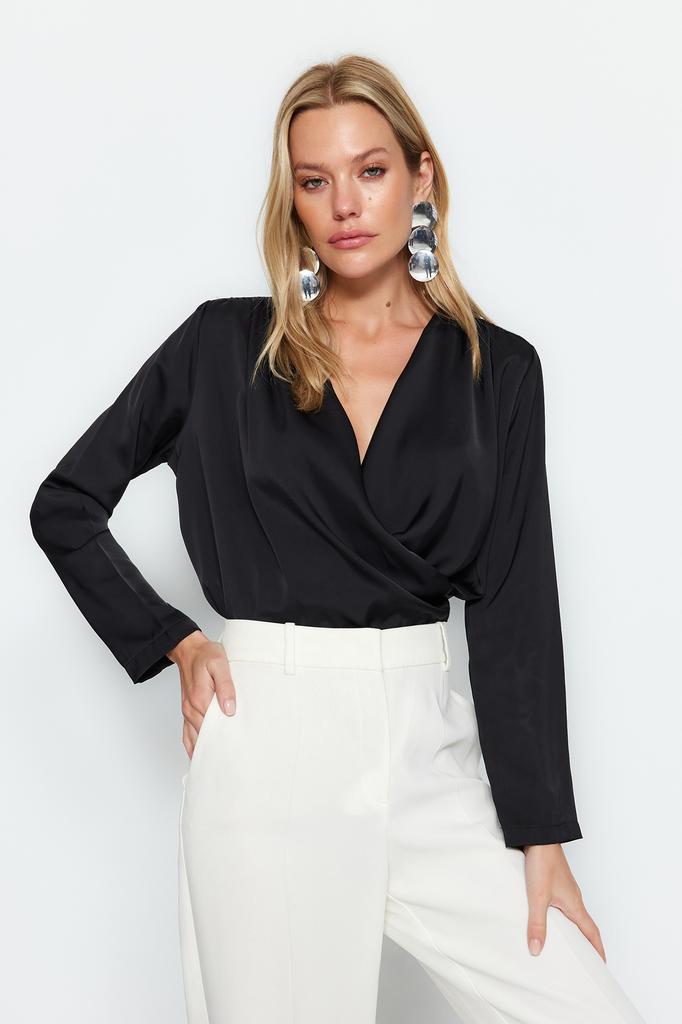 Женская модная новая блузка, черная двубортная атласная тканая блузка