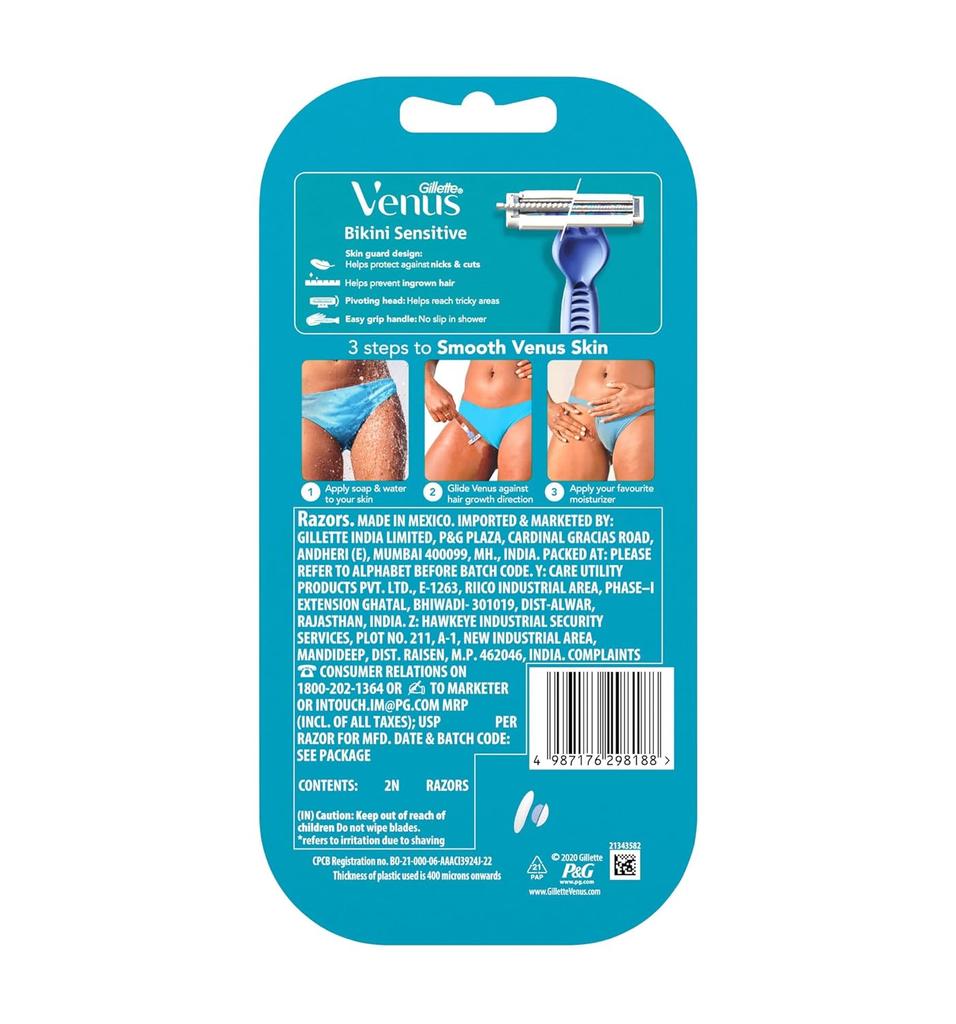 Gillette Venus Bikini Sensitive Hair Removal, 2 Women Razors |Intimate care| Derm Tested|No irritation