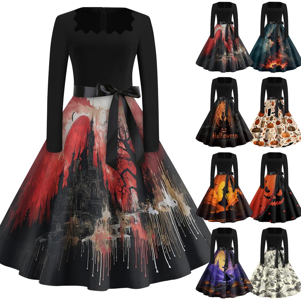 Women's Casual Fashion Halloween Print Square Neck Vintage Style Long Sleeve Dress with Waist Tie Belt Retro A-Line Midi Dress for Fall
